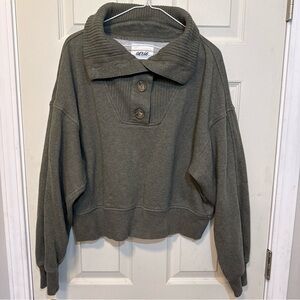 Aerie Olive Green Cropped Button Collar Sweatshirt Medium